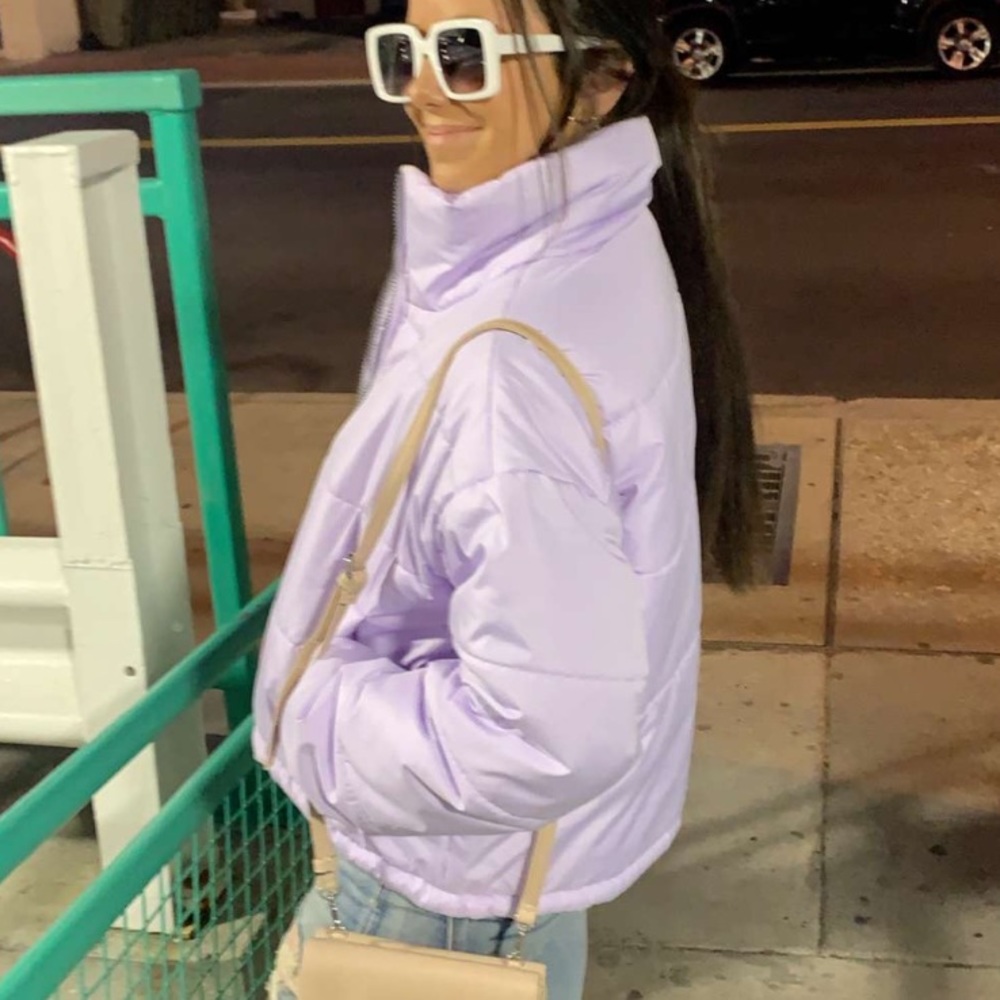 Celebrity pink cropped puffer coat